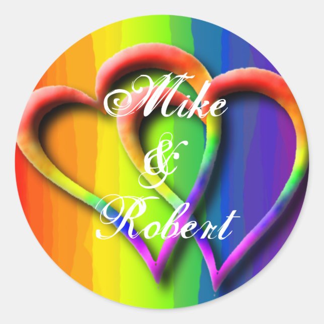 Gay Wedding Hearts LGBT Custom Personalized Names Classic Round Sticker (Front)