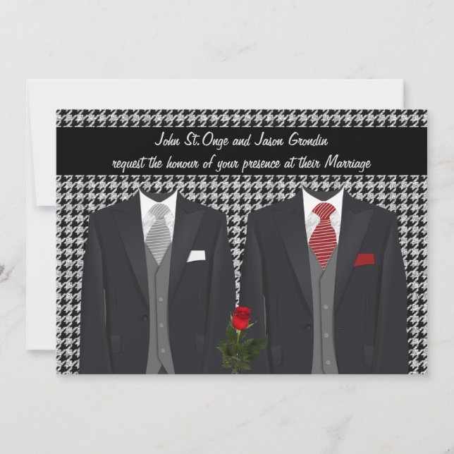 Gay Wedding Invitation with Two Tuxedos and Rose (Front)
