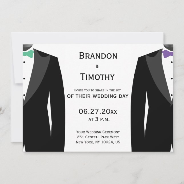 Gay Wedding Invitations Green And Purple Bow Tie (Front)