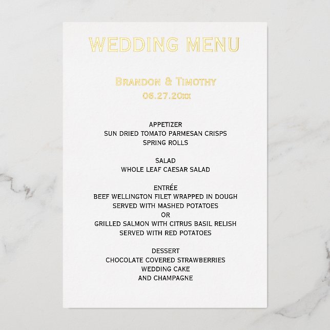 Gay Wedding Menu White And Real Gold (Front)