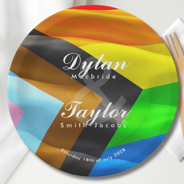 Gay Wedding Pride Flag Typography Paper Plates (Creator Uploaded)