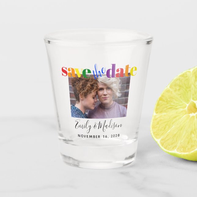 Gay Wedding Rainbow Save the Date Photo Shot Glass (Front)
