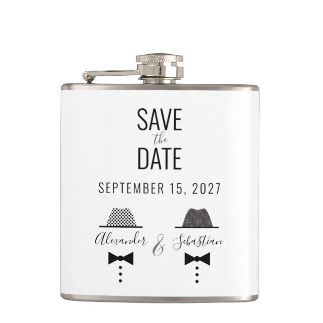 Gay Wedding Save The Date Hip Flask (Front)