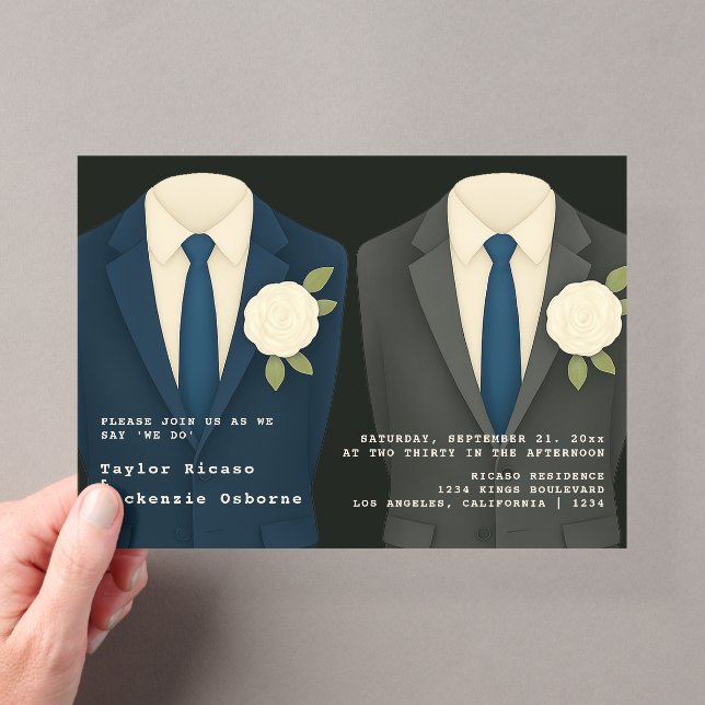 Gay Wedding Two Grooms in Suits and Ties Acrylic Invitations (Insitu (Handheld))