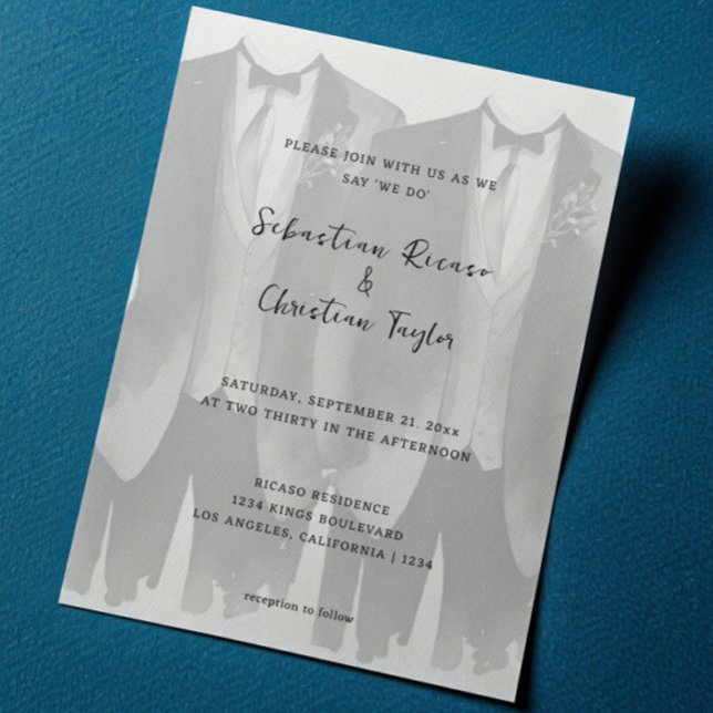 Gay Wedding Two Grooms in Suits and Ties Invitation (Gay Wedding Two Grooms in Suits and Ties Invitation by Ricaso Modern same sex wedding invites )