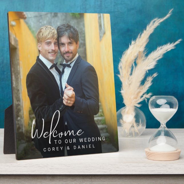 Gay Wedding Welcome Two Grooms Photo Plaque (Side)