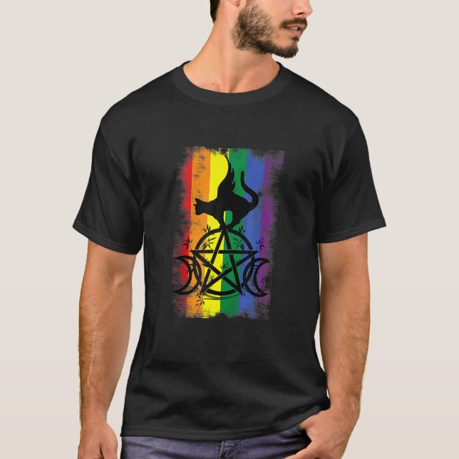 Gay Witch Pride Flag Triple Moon Pentacle Wicca Pa T-Shirt (Front)
