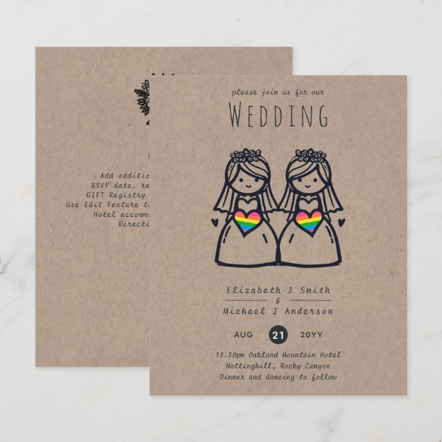 Gay Women Wedding Cartoon Grooms Fun Handdrawn (Front/Back)