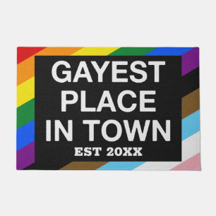 Gayest Place In Town Rainbow Stripes Pride Custom Doormat