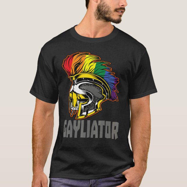 Gayliator Sword Fighter Helmet with Rainbow Feathe T-Shirt (Front)