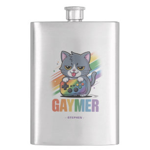 Gaymer - Rainbow Gaming Cat with Console   LGBTQ 2 Hip Flask