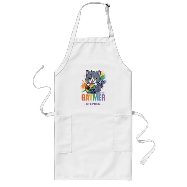 Gaymer - Rainbow Gaming Cat with Console | LGBTQ 2 Long Apron (Front)
