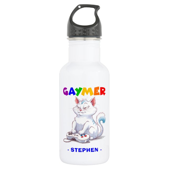 Gaymer - Rainbow Gaming Cat with Console | LGBTQ 532 Ml Water Bottle (Front)