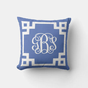 GBS Blue and White Greek Key Script Monogram Throw Pillow