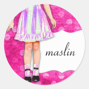 GC   Girly Girl Doll Funky Purple Pink Dots Classic Round Sticker
