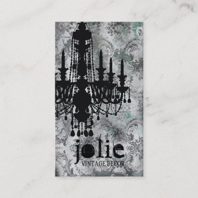 GC | Jolie Chandelier Grey Damask Business Card (Front)