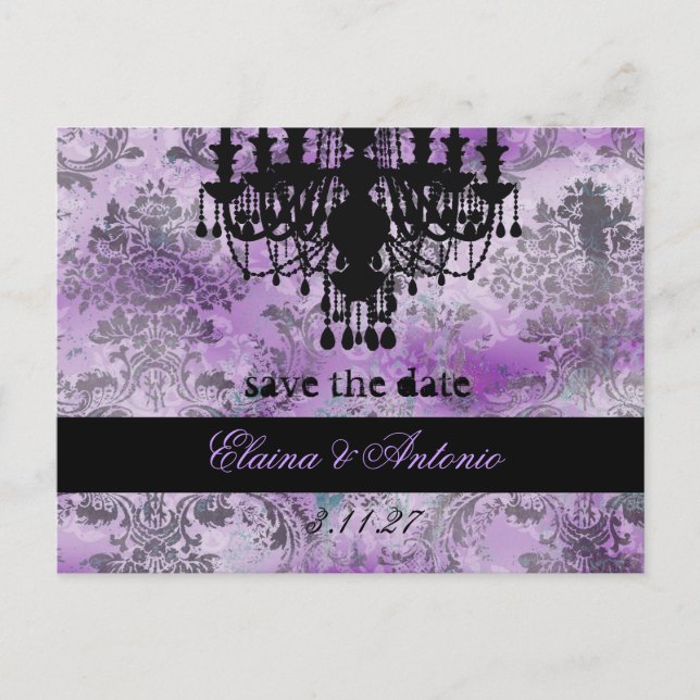GC | Jolie Chandelier Purple Grey Damask Announcement Postcard (Front)