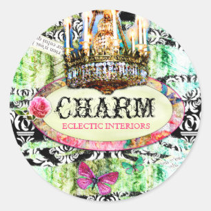 GC Shabby Vintage Charm - Black Damask Classic Round Sticker
