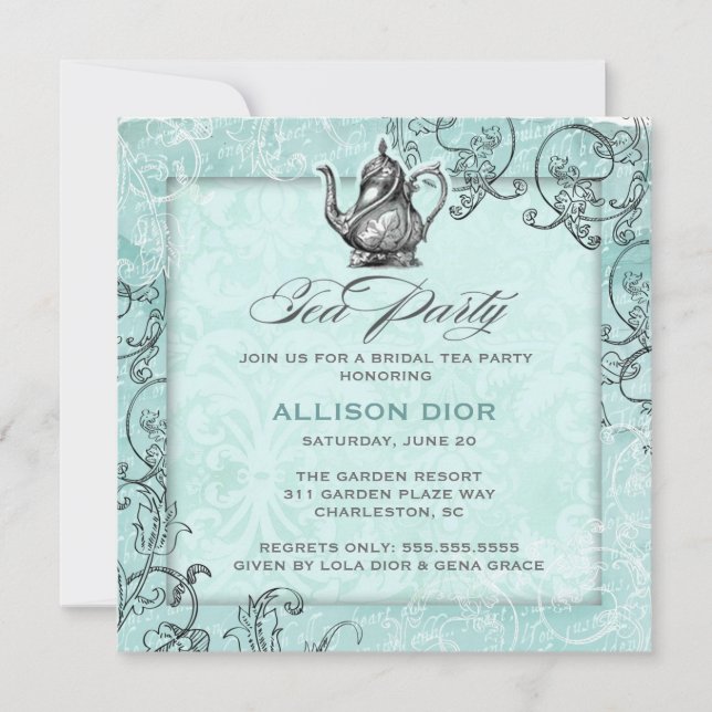 GC Teal Blue Tea Party Vintage Invitation (Front)