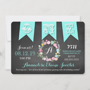 GC Turquoise Girl First Birthday Banner Chalkboard Invitation