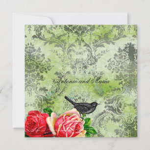 GC   Vintage Bird & Rose   Lime Damask Invitation
