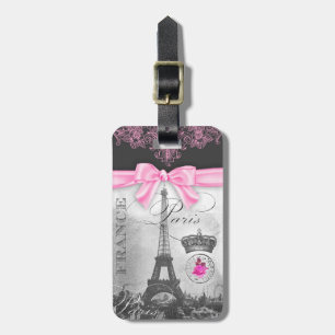 GC Vintage Pink Bow Paris France French Eiffel Luggage Tag