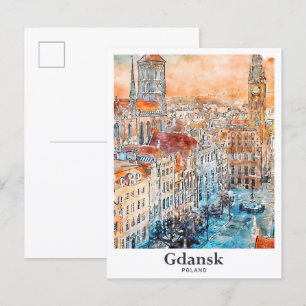 Gdansk Poland Travel Watercolor Hand Drawn Postcard