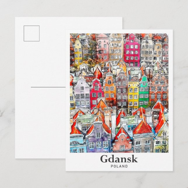Gdansk Poland Travel Watercolor Sketch Hand Drawn Postcard (Front/Back)