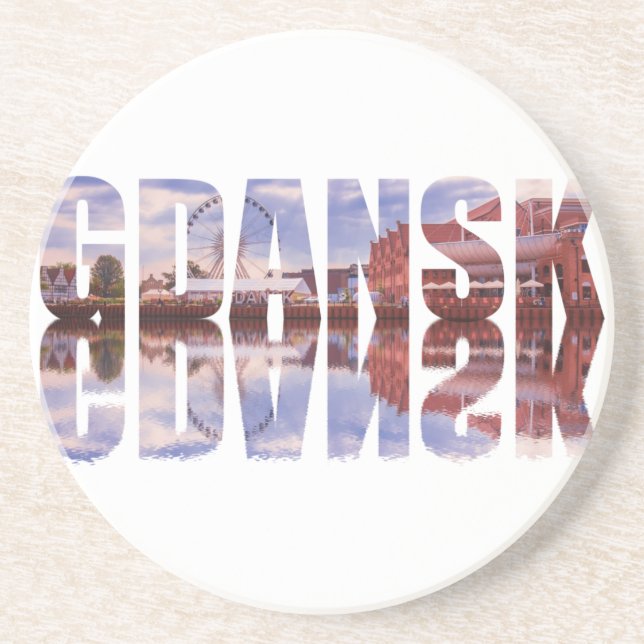 Gdansk text with old town view with reflection coaster (Front)