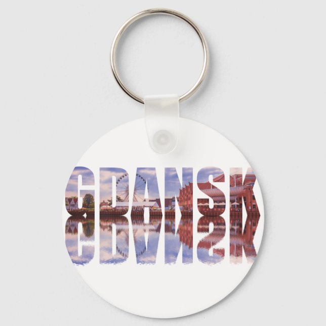 Gdansk text with old town view with reflection keychain (Front)