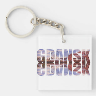 Gdansk text with old town view with reflection keychain