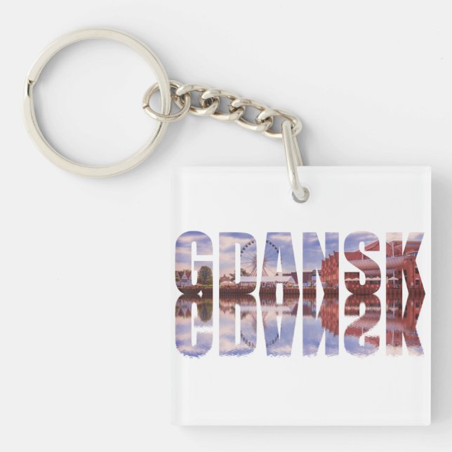 Gdansk text with old town view with reflection keychain (Front)