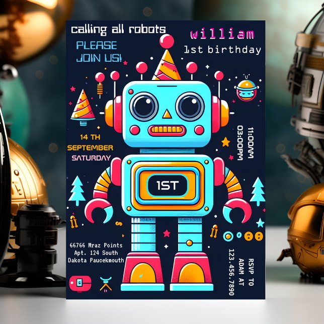 gear boy cute Toy funny robot first 1st birthday Invitation (Creator Uploaded)