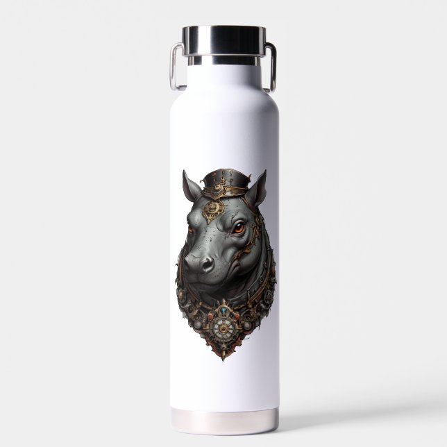 "Gear-Driven Giant: The Steampunk Hippo" Water Bottle (Front)