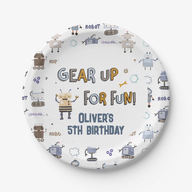 Gear Up for Fun Robot Kids Happy Birthday Paper Plate (Front)