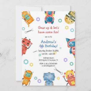 Gear Up & Let's Have Some Fun Kids Robot Birthday  Invitation