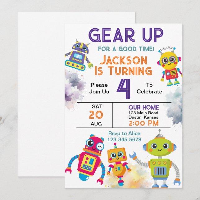 Gear Up Robot Birthday Party Invitation (Front/Back)