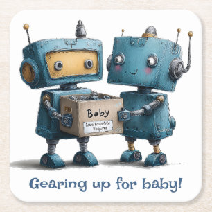 Gearing Up for Baby – Robot Baby Shower Square Paper Coaster