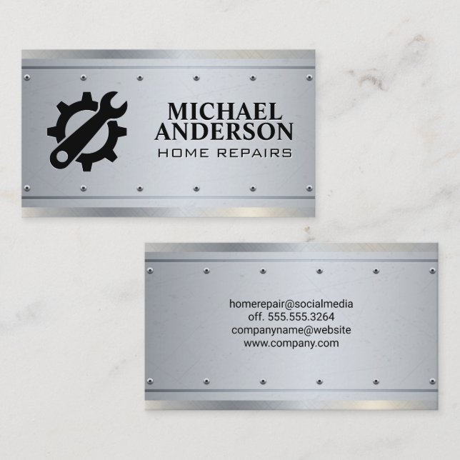 Gears Icon | Carpentry  | Metallic Rivets  Business Card (Front/Back)