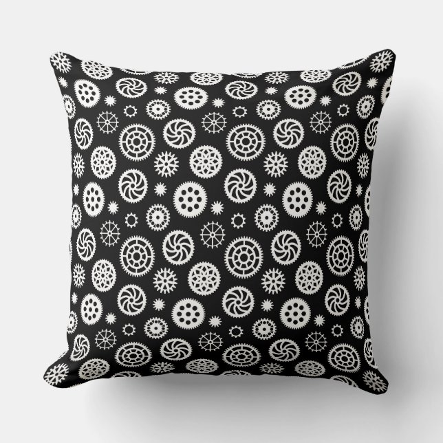 Gears Pattern 070819 - White on Black Throw Pillow (Front)