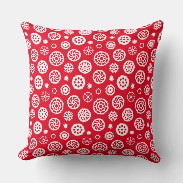 Gears Pattern 070819 - White on Red Throw Pillow (Front)