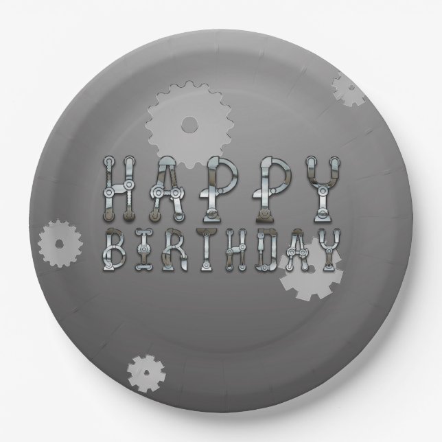 Gears Robot Futuristic Cool Fun Birthday Party Paper Plate (Front)