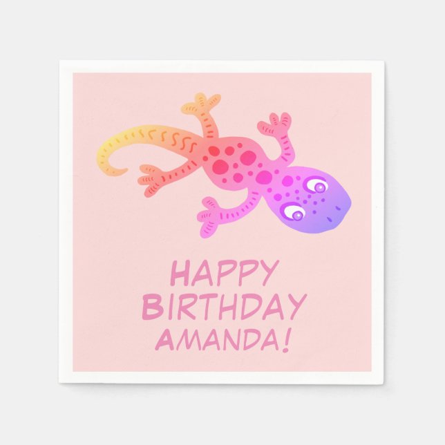 Gecko Lizard Rainbow Custom Name Kids Birthday Napkin (Front)