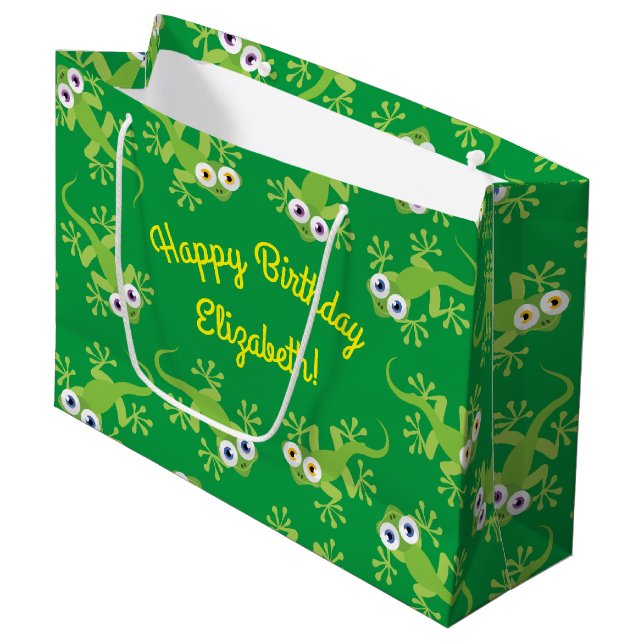 Gecko Lizards Birthday Party Cute Kids Large Gift Bag (Front Angled)