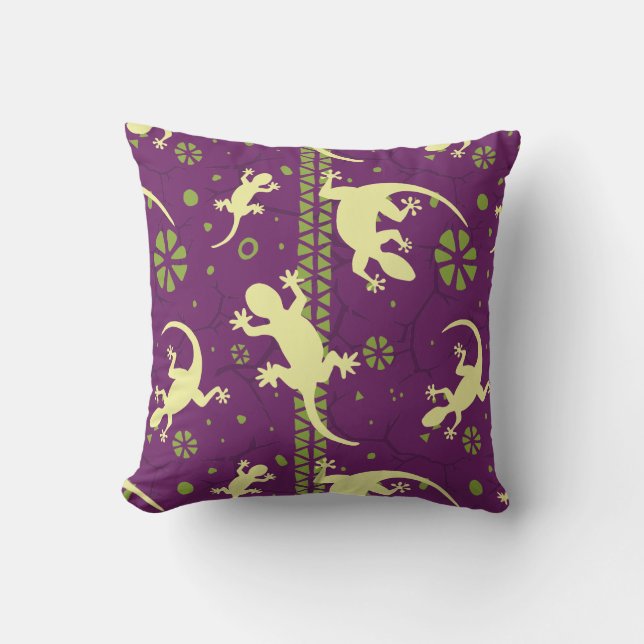 Gecko Lizards Print Purple Green Ethnic Pattern Throw Pillow (Front)