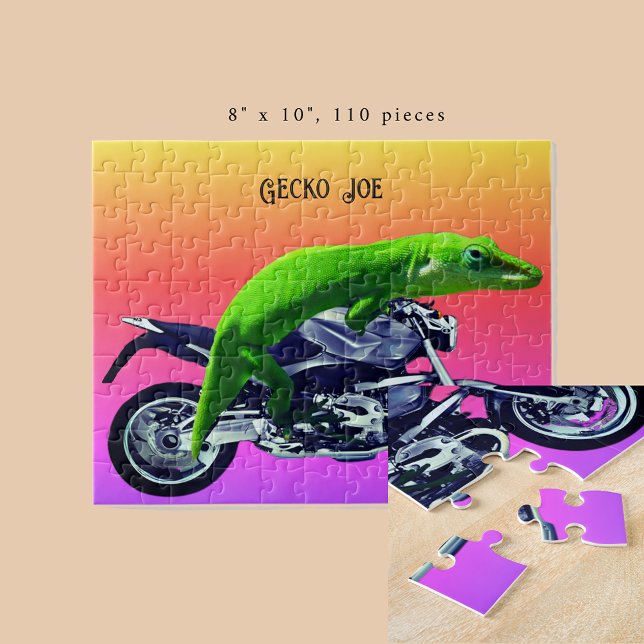 Gecko Motorcycle Rider Pink Horizon Add Name 8x10 Jigsaw Puzzle (Gecko Motorcycle Rider Pink Horizon Add Name 8x10 Jigsaw Puzzle)
