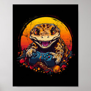 Gecko Playing Video Game Lizard &amp; Reptiles Gam Poster