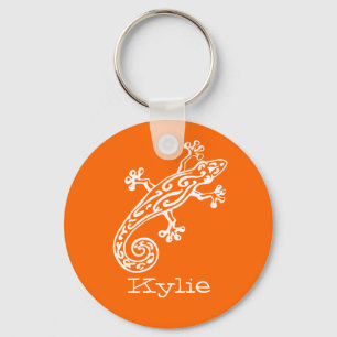 Gecko reptile white & orange named keychain