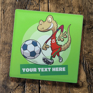 Gecko Soccer Player Custom Text Cartoon Character Glass Coaster