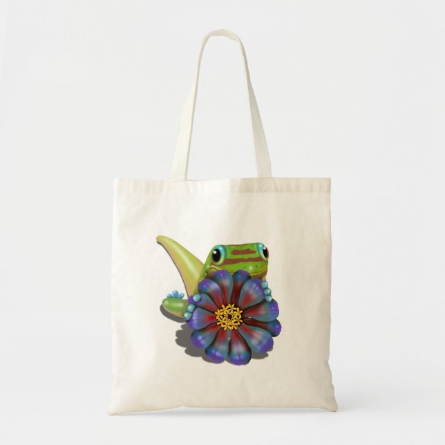 Gecko with Zinnia Flower Tote Bag (Front)